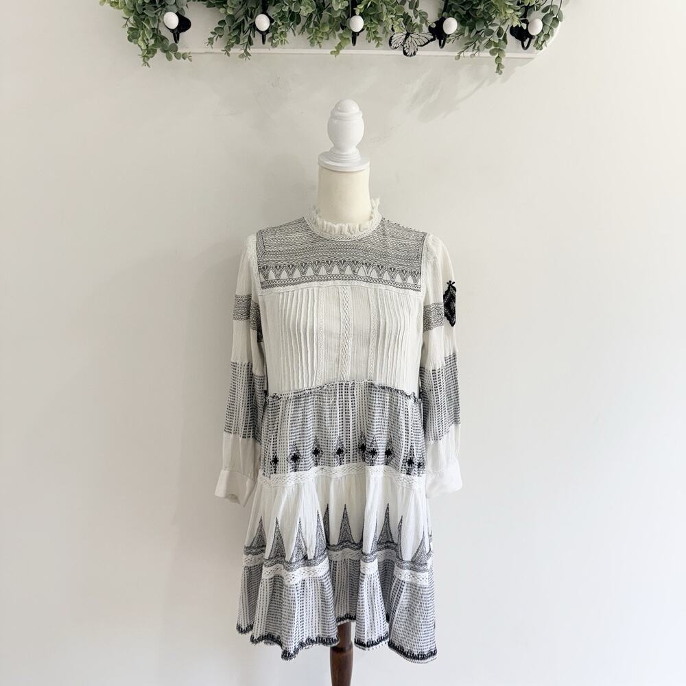 Zara boho White Black Patterned Embroidered Mini Dress High Neck Size S G 4939